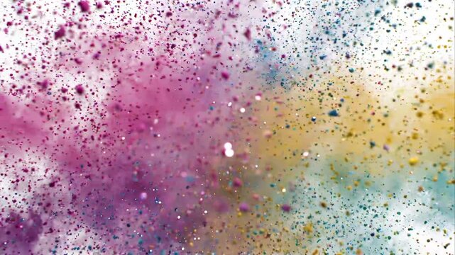 Bright Colorful Powder Particles Bursting outward on White Background