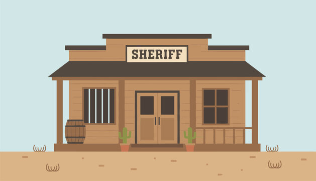 Classic wild west sheriff office building set against a desert background with cacti and tumbleweeds.