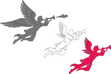 Fototapeta premium Winged Angel Playing Trumpet Silhouette Collection in Gray White and PinkWinged Angel Playing Trumpet Silhouette Collection in Gray White and Pink