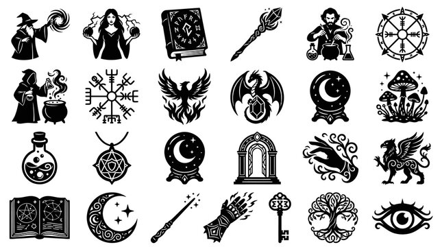 Mystical Magic and Fantasy Witchcraft Occult Symbols Glyphs Set - Black and White Vector Icons