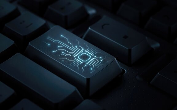 Futuristic computer keyboard button featuring glowing blue circuit board patterns representing artificial intelligence technology and advanced digital innovation concepts today