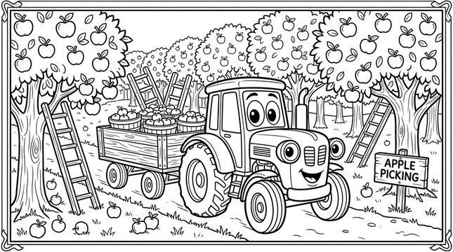 Black and white coloring page for kids featuring a cute cartoon tractor pulling a trailer full of fresh apples in a large orchard