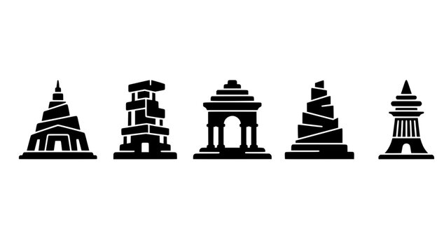 Ancient ziggurat and monument silhouette icon set featuring Mesopotamian ziggurats, stepped pyramids, stone arches, historical landmarks, black solid glyphs isolated on white background vector 