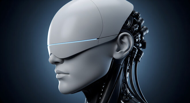 A profile view of a futuristic android head with a sleek visor and intricate mechanical cables in the back.