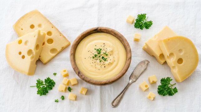 Cheese soup in a wooden bowl with cheese cubes, parsley, and a knife isolated on white background
