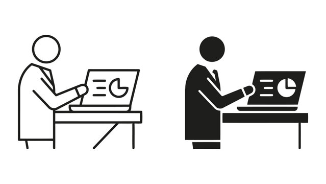 Business analyst working on computer icon set featuring data presentation