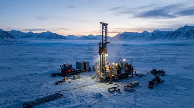 Industrial Core Drilling Rig Operating in Remote Arctic Tundra Landscape During Twilight Expedition