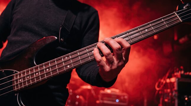 Close up of musician playing electric bass guitar on stage during live rock concert performance, male hand holding instrument neck under dramatic red spotlight, music entertainment