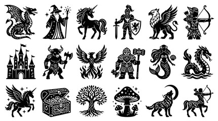 Obraz premium Fantasy Creature Icons: Dragon, Wizard, Unicorn, Griffin, Mermaid, Mythical Beasts
