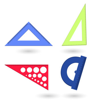 Vibrant plastic drawing triangles and protractor on transparent background