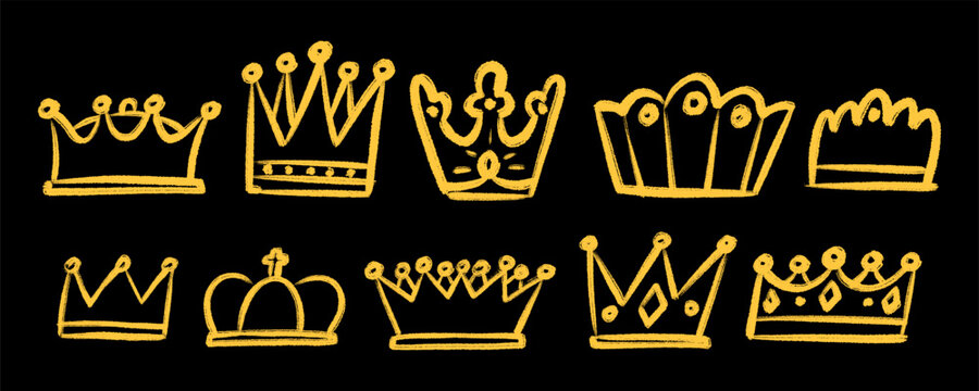 Grafitti Gold Crown Sticker Set. Queen and King Crown Icon Kit. Graffiti Baby Crown Collection. Hand Drawn Vector Illustration