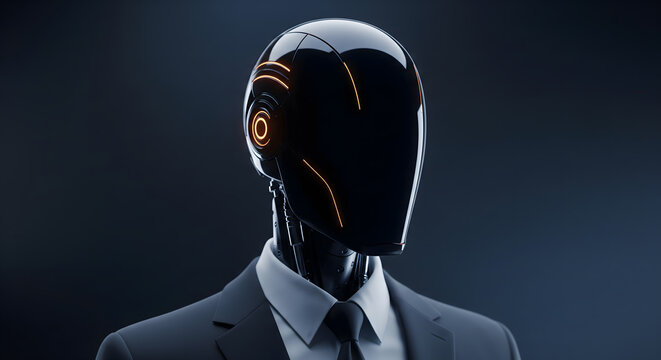 A futuristic humanoid robot wearing a professional suit and tie against a dark background.
