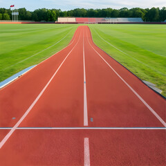 Fototapeta premium Athletic track and field stadium, sports competition and fitness training, running track with green grass and empty stands