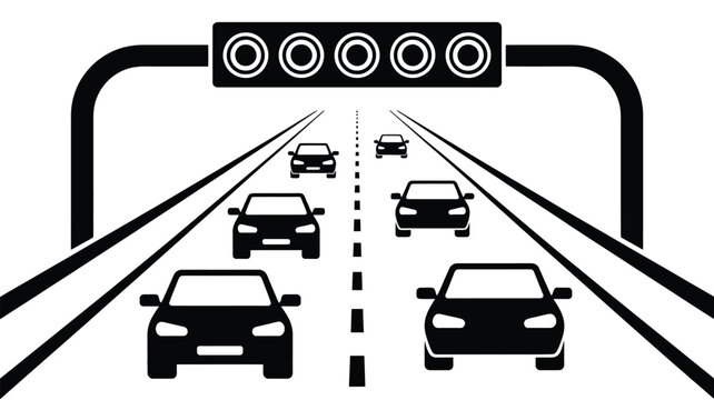 Monochrome vector icon of busy highway road with overhead speed camera system cars driving in perspective for transportation design