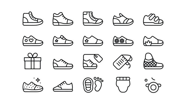 Minimalist linear outline vector icon set featuring various baby shoes sneakers footwear gift price tag footprint and baby accessories design