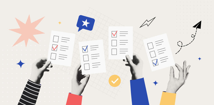 Hands Holding Vote Ballots with Check Marks During Democratic Election Civic Participation Voting Rights Retro Halftone Collage Vector Illustration
