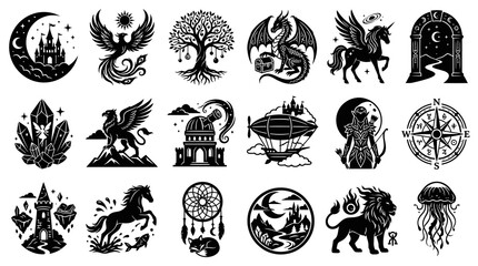 Obraz premium Mystical Fantasy Creatures, Magic Symbols Esoteric Elements Black White Glyph Vector Illustrations Set