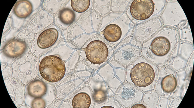 Microscopic view of fungal spores and hyphae associated with plant roots, representing mycorrhiza, soil microbiology, agriculture and plant science.