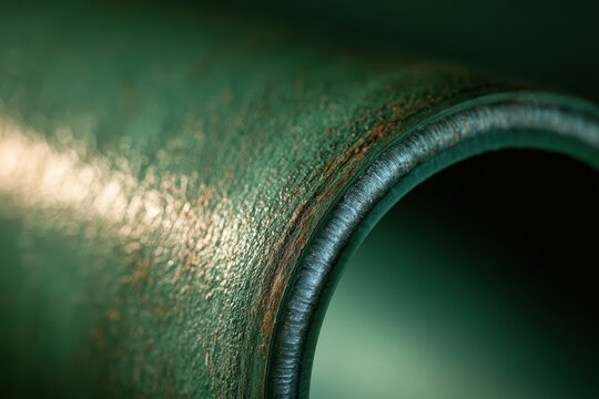 Green metal pipe surface close-up showing rust and a clear welding seam