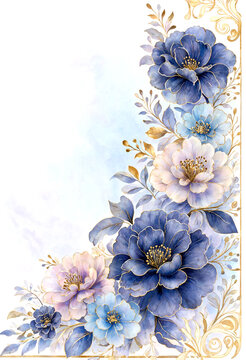 Beautiful watercolor floral arrangement with blue and white flowers gold accents elegant border design