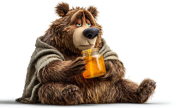 A bear drinking juice  isolated on white background