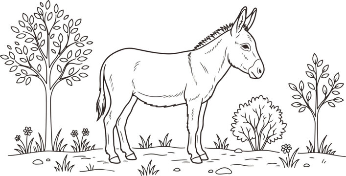 Standing donkey in a nature landscape black and white line art vector