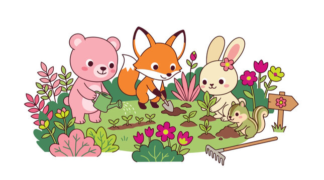 Cute Animals Gardening Together in a Lush Garden