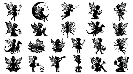 Obraz premium Black White Silhouette Vector Art of Fairies for Fantasy, Magic, and Kids Themes