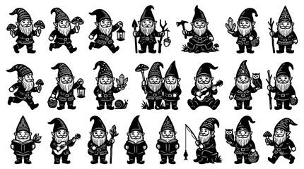 Fototapeta premium Black and White Line Art Gnomes with Mushrooms, Lanterns, and Crystals