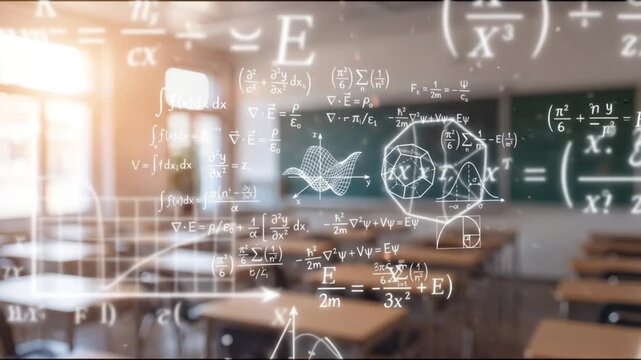 Empty classroom with physics equations on chalkboard during golden hour sunlight. Bright educational space with math formulas and warm natural lighting.