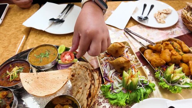 Traditional Indian Thali Platter with Curry Naan and Samosas