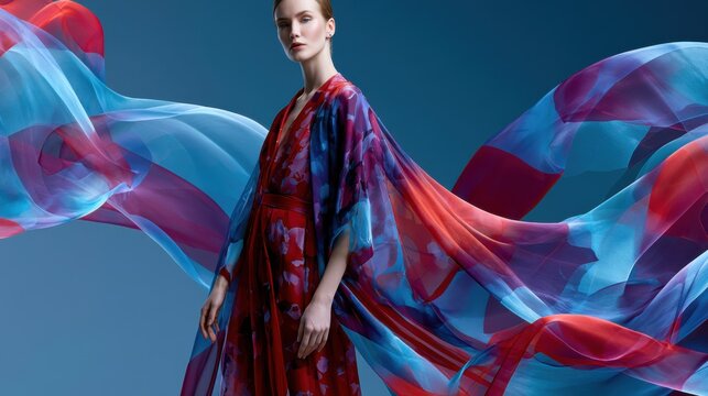 A woman modeling a vibrant, flowing silk dress with a colorful abstract pattern, set against a gradient blue background