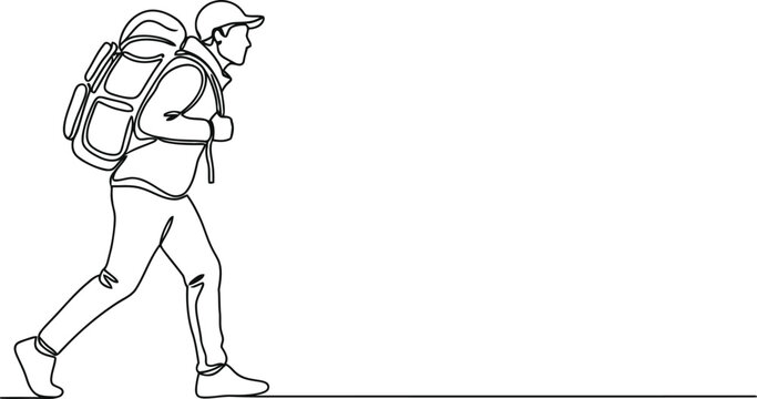 Lone hiker with backpack walking across open white space