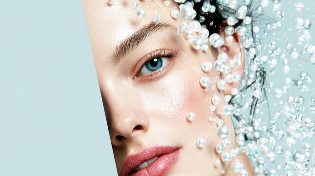 Close-up portrait of a woman's face partially obscured by a light blue panel, with water droplets and bubbles adorning her skin and hair, highlighting her blue eye and delicate features