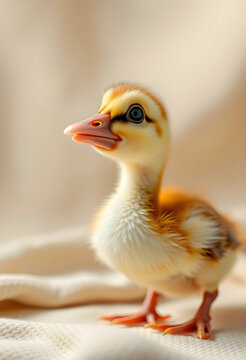 New life and spring concept, adorable baby duckling with soft yellow and orange feathers, cute animal portrait