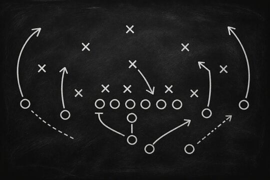 American football play diagram drawn on chalkboard background