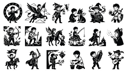 Obraz premium Fantasy Children Set: Kids in Magic, Knight, Archer, Wizard, Unicorn Art