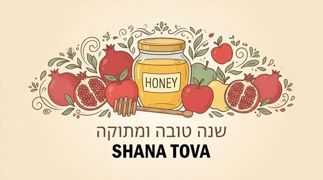  jewish new year, rosh hashanah, greeting card banner with traditional icons. Happy New Year, shana tova in hebrew. Apple, honey, flowers and leaves, Jewish New Year symbols and icons