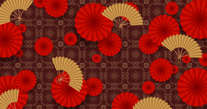 Stunning red design with Chinese pattern and fans