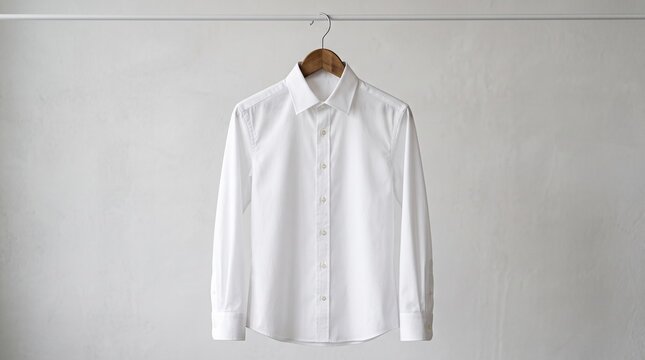 Classic white button-down dress shirt hanging on a wooden hanger against a neutral background, ideal for fashion e-commerce, apparel branding, and retail website design