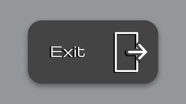 A dark gray wayfinding sign labeled Exit featuring a white door icon with a small arrow pointing outward through the doorway toward the exit route