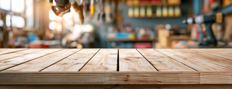 Wooden workbench with tools and workshop background in bright light  