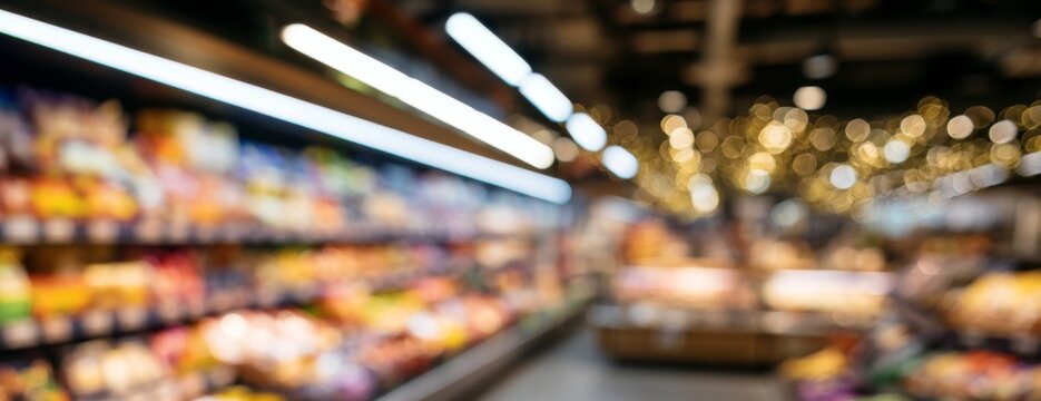 Blurred modern grocery store interior with colorful product displays  