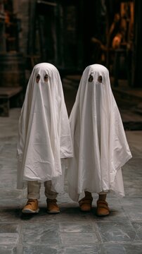 Two children dressed as ghosts standing on street on Halloween, vertical photo  