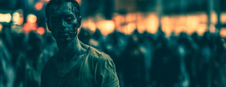 Zombie in tattered clothing amidst crowds in an urban setting  
