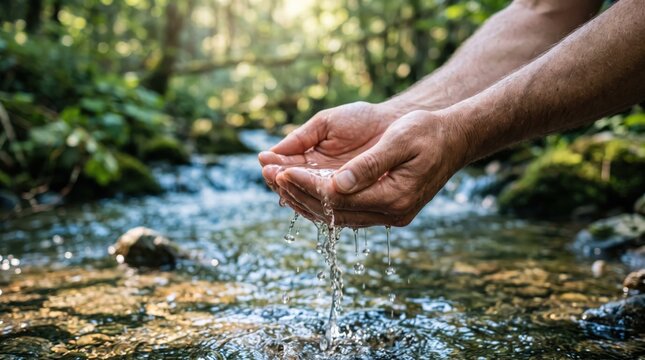 Close up of male hands cupping fresh clear water from a flowing river stream in a lush green forest, symbolizing purity, hydration, and environmental conservation. The sunlight