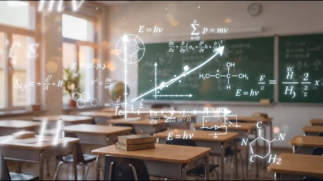 Empty classroom with physics equations on chalkboard during golden hour sunlight. Bright educational space with math formulas and warm natural lighting.