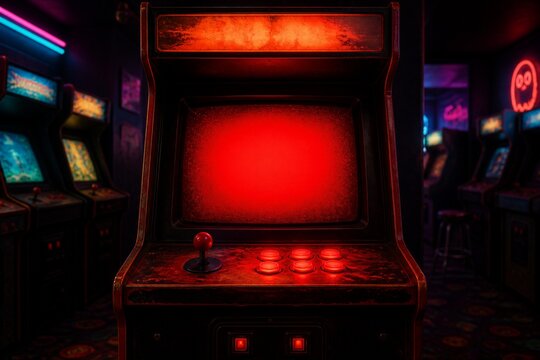 Retro arcade cabinet with red screen in dim game room