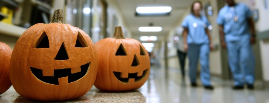 Halloween pumpkins in a hospital corridor with medical staff nearby  
