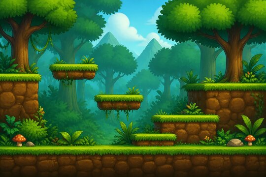 Cartoon forest platform game level with floating platforms